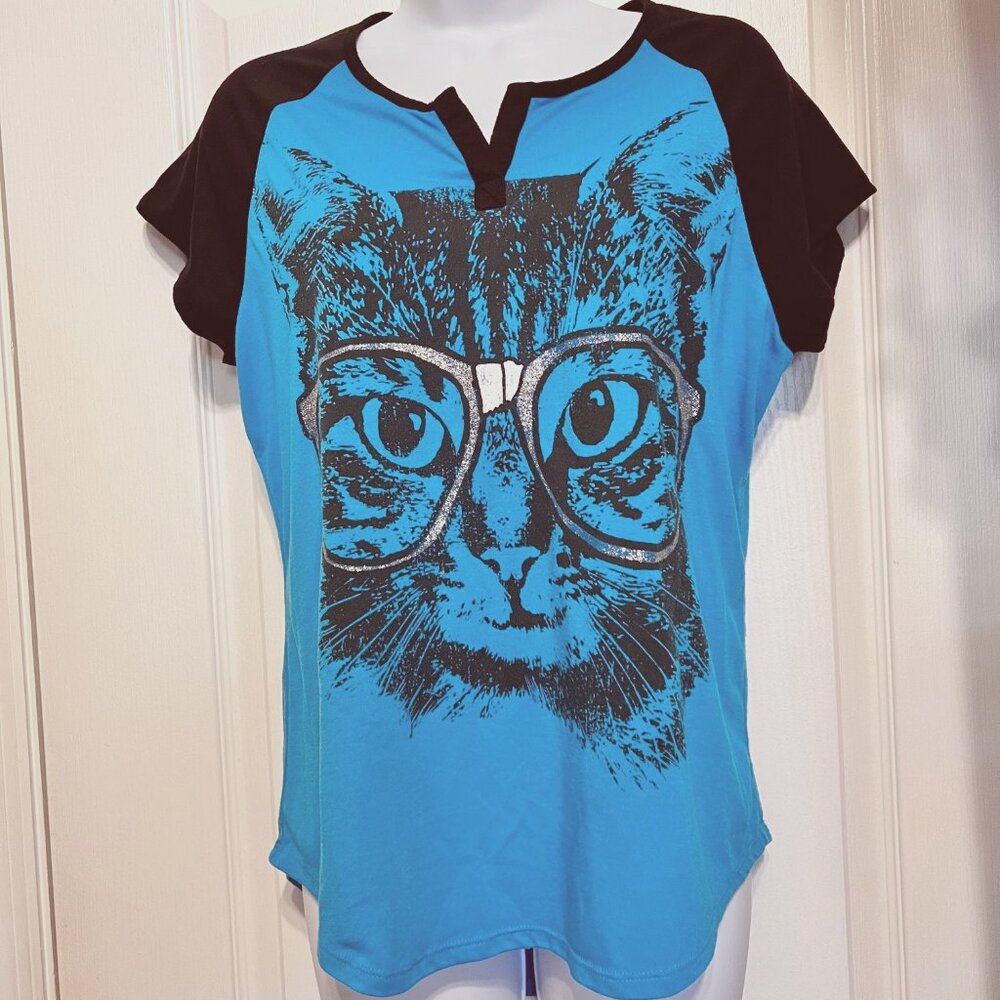 appropriate behavior-Cat-glitter glasses-Jersey T shirt-Blue & Black, Silver-XL